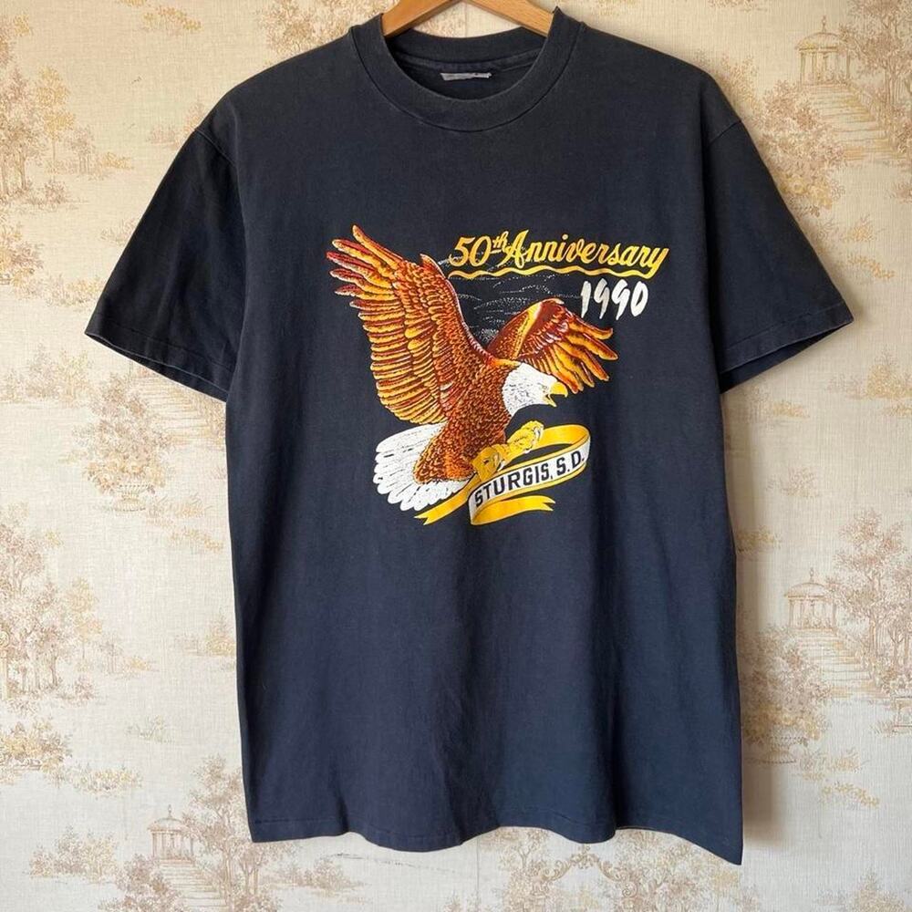 Vintage 90s Sturgis 50th Anniversary T-Shirt | Faded Black | Large Fits M
